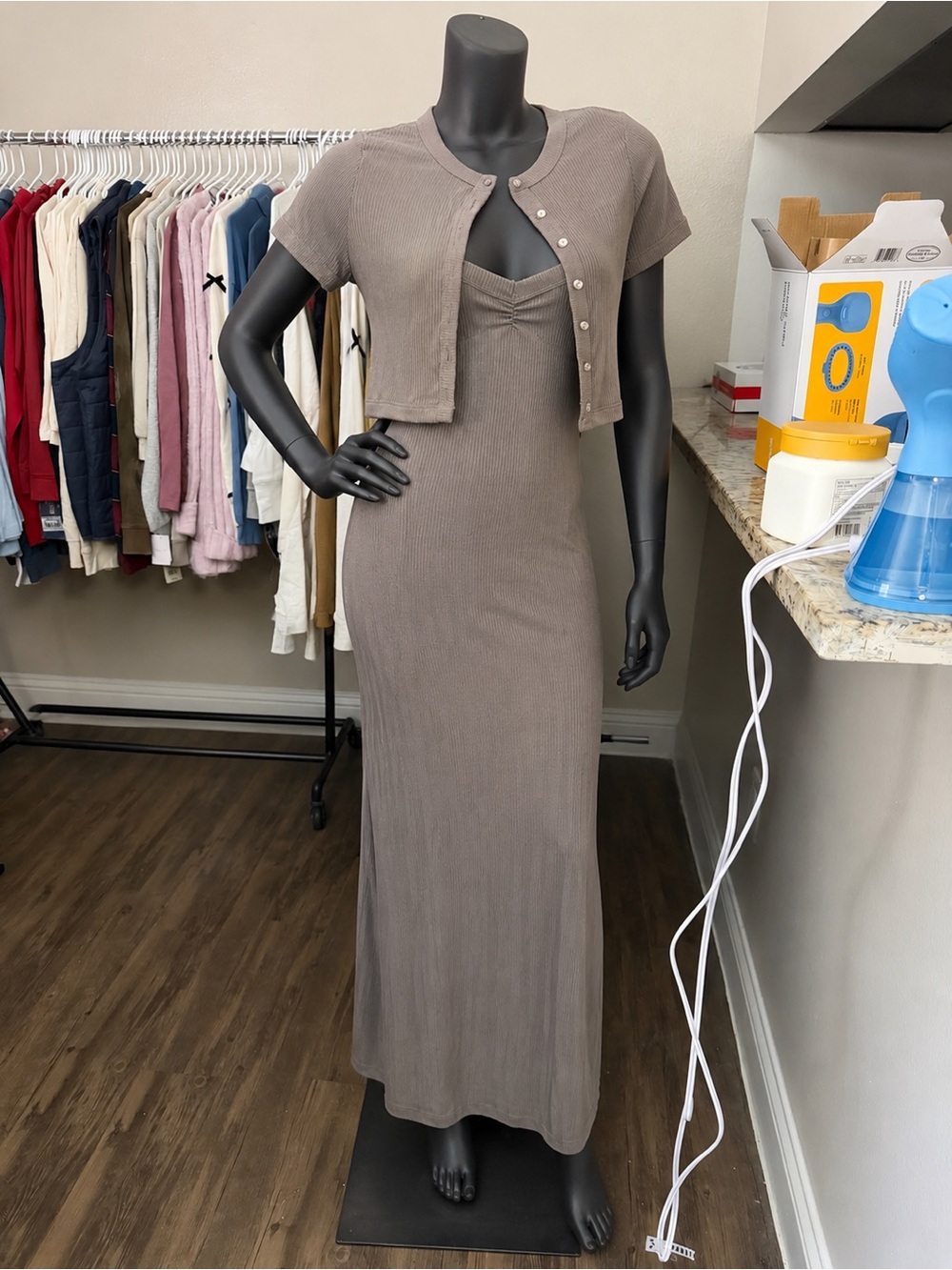 Women’s Taupe Ribbed Maxi Dress with Short Cardigan